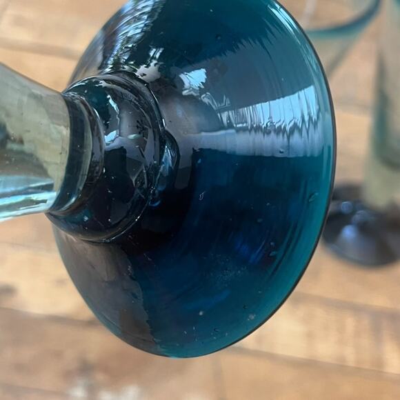 Blue & Green Goblet Wine Glasses Set of 3 Handblown Bubbles Mexico - Picture 10 of 15